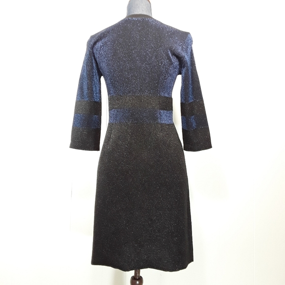 Tory Burch metallic blue / black shimmer striped wool Sheath dress size small - Picture 7 of 14